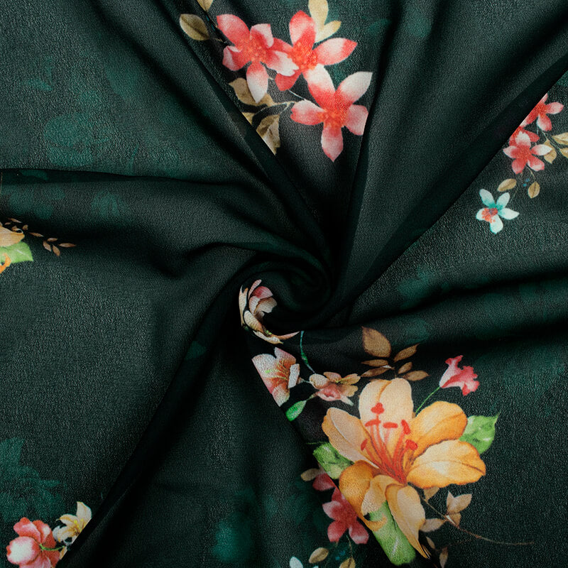 Dark Green And Pink Floral Pattern Digital Print Georgette Fabric