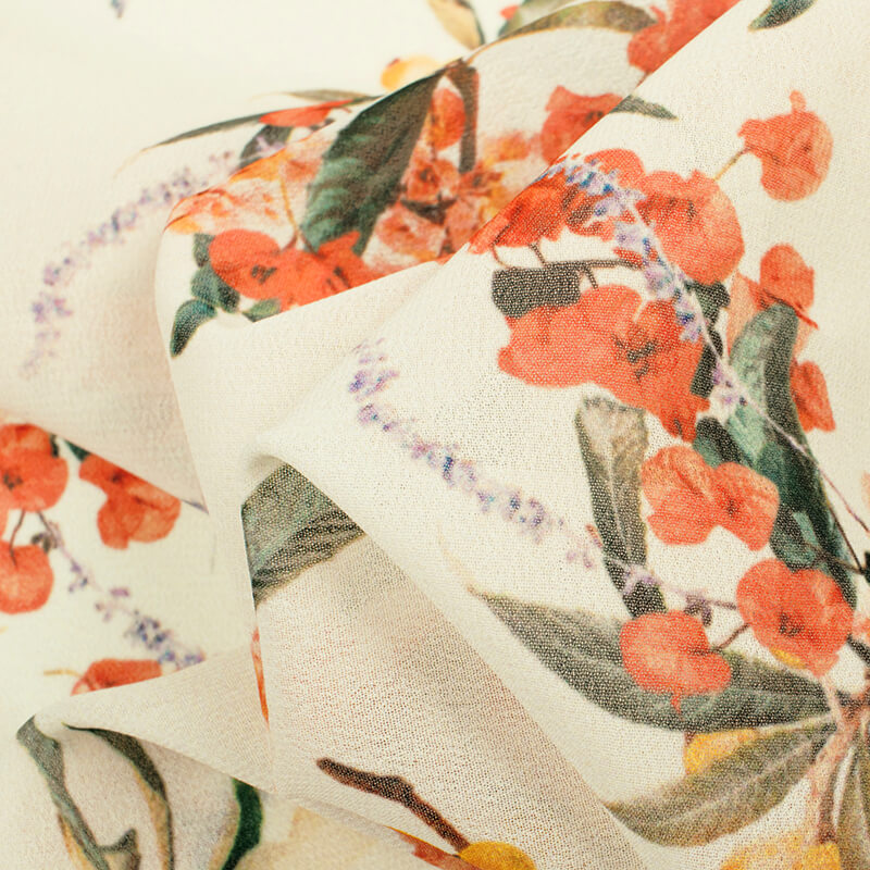 Perchment Cream And Peach Floral Pattern Digital Print Georgette Fabric