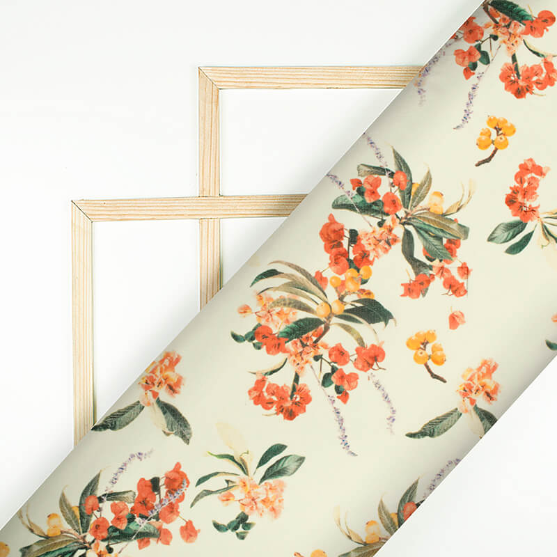 Perchment Cream And Peach Floral Pattern Digital Print Georgette Fabric - Fabcurate