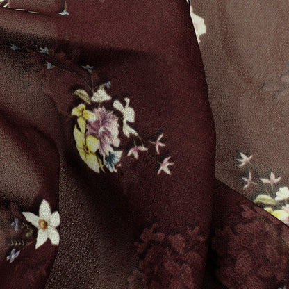 Coffee Brown And Rose Pink Floral Pattern Digital Print Georgette Fabric