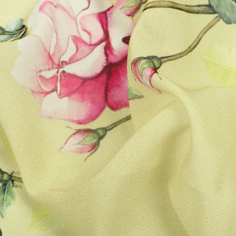 Cream And Rose Pink Floral Pattern Digital Print Georgette Fabric
