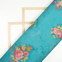 Sky Blue And Pink Floral Pattern Digital Print Georgette Fabric - Fabcurate