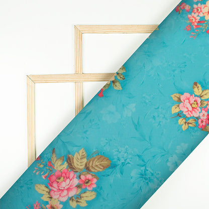 Sky Blue And Pink Floral Pattern Digital Print Georgette Fabric - Fabcurate