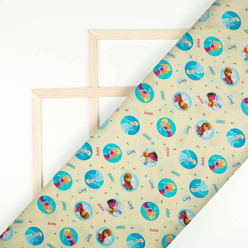 Cream And Blue Kids Pattern Digital Print Cotton Cambric Fabric - Fabcurate