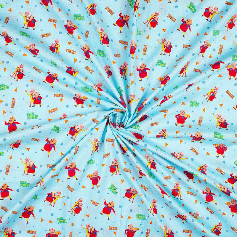 Sky Blue And Red Kids Pattern Digital Print Cotton Cambric Fabric - Fabcurate