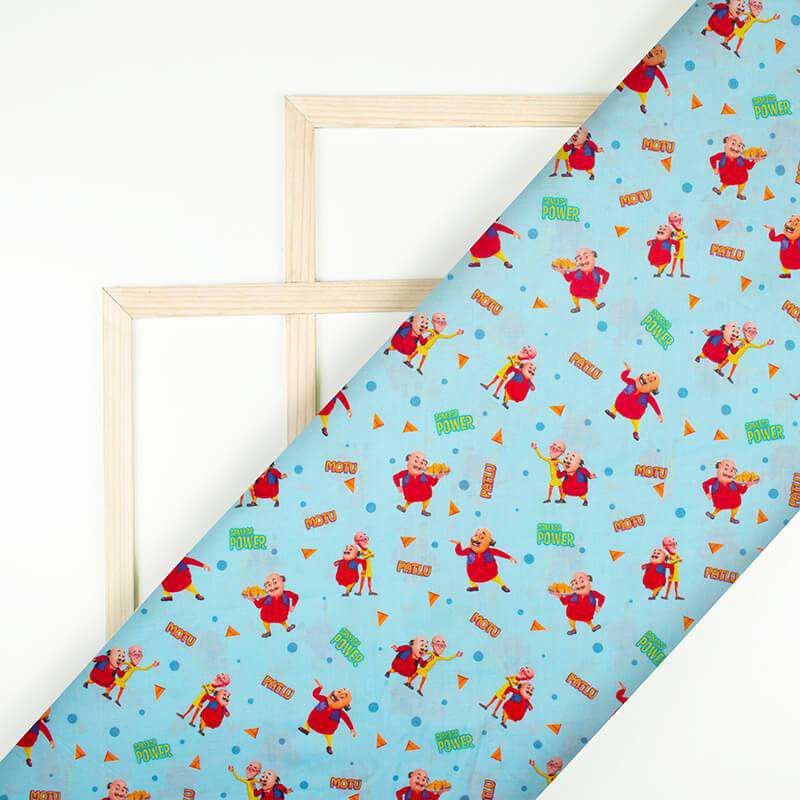 Sky Blue And Red Kids Pattern Digital Print Cotton Cambric Fabric - Fabcurate