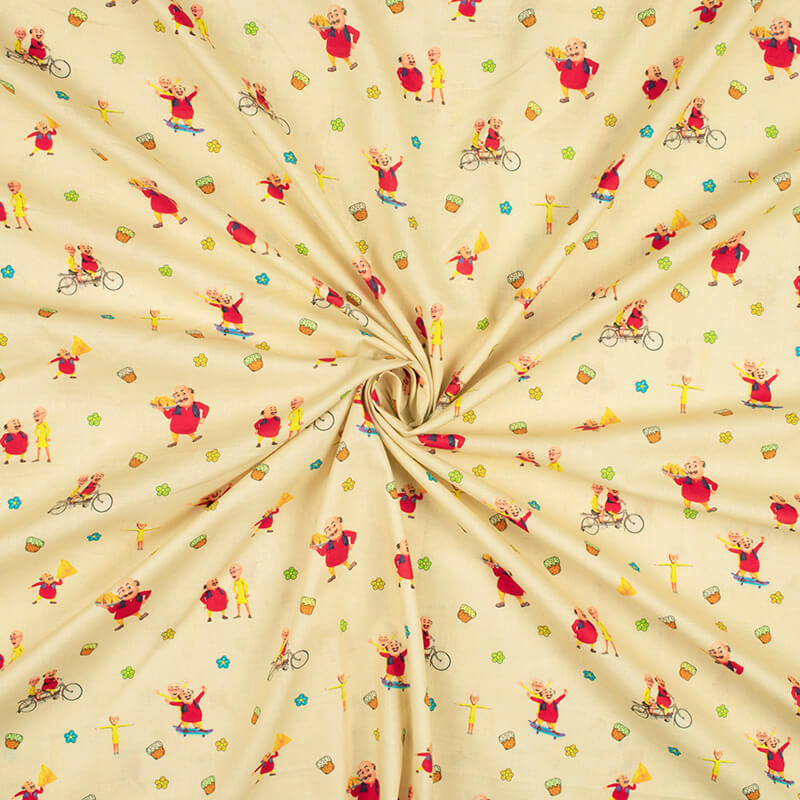 Cream And Red Kids Pattern Digital Print Cotton Cambric Fabric - Fabcurate