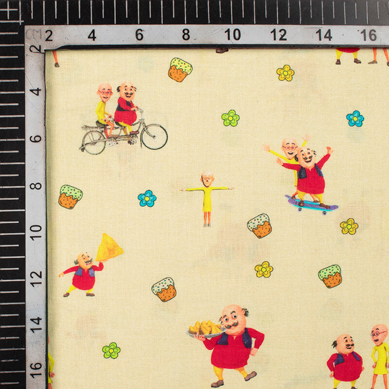 Cream And Red Kids Pattern Digital Print Cotton Cambric Fabric - Fabcurate
