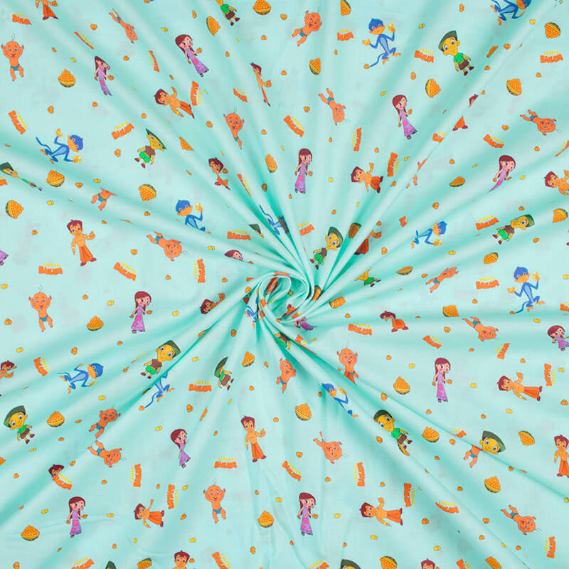 (Cut Piece 1 Mtr) Sky Blue And Orange Kids Pattern Digital Print Cotton Cambric Fabric