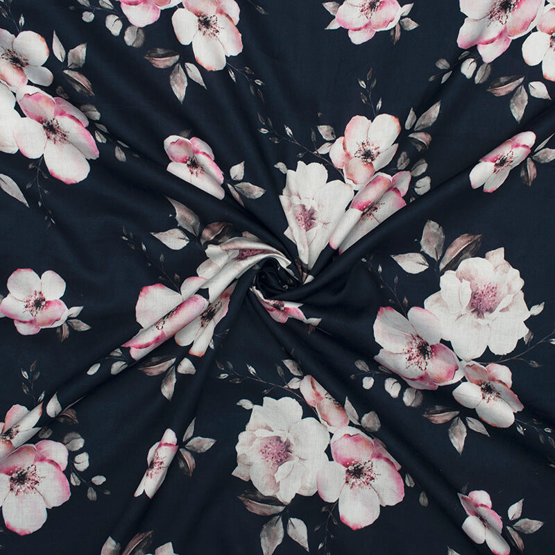 Black And Pink Floral Pattern Digital Print Glazed Cotton Fabric - Fabcurate