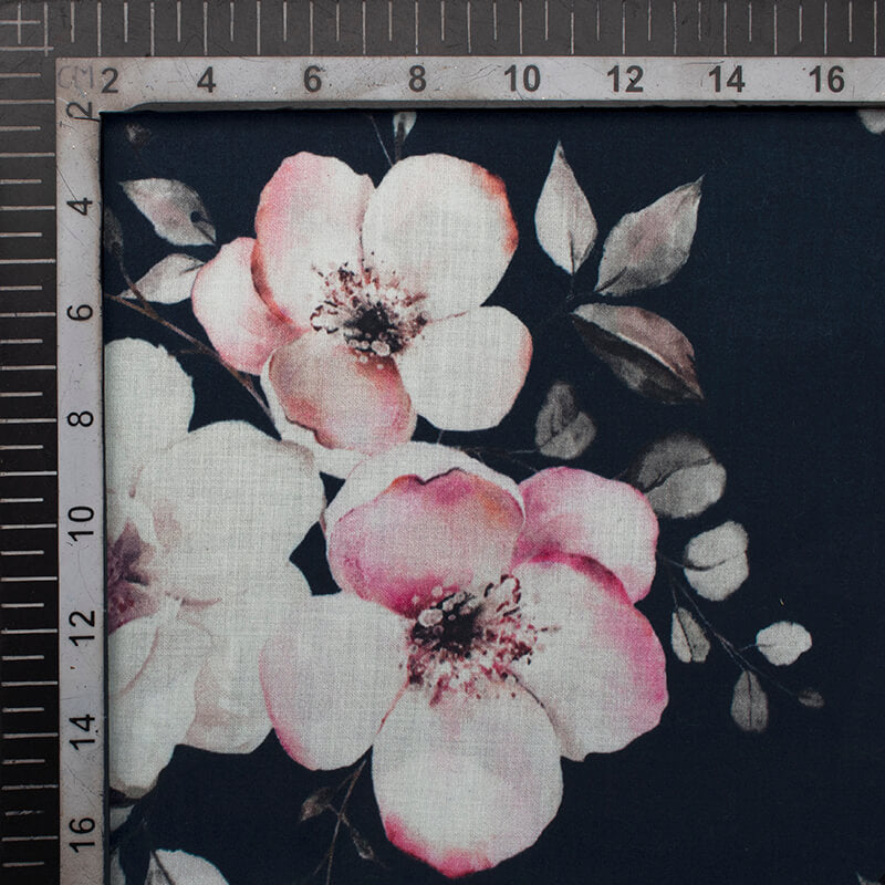 Black And Pink Floral Pattern Digital Print Glazed Cotton Fabric - Fabcurate
