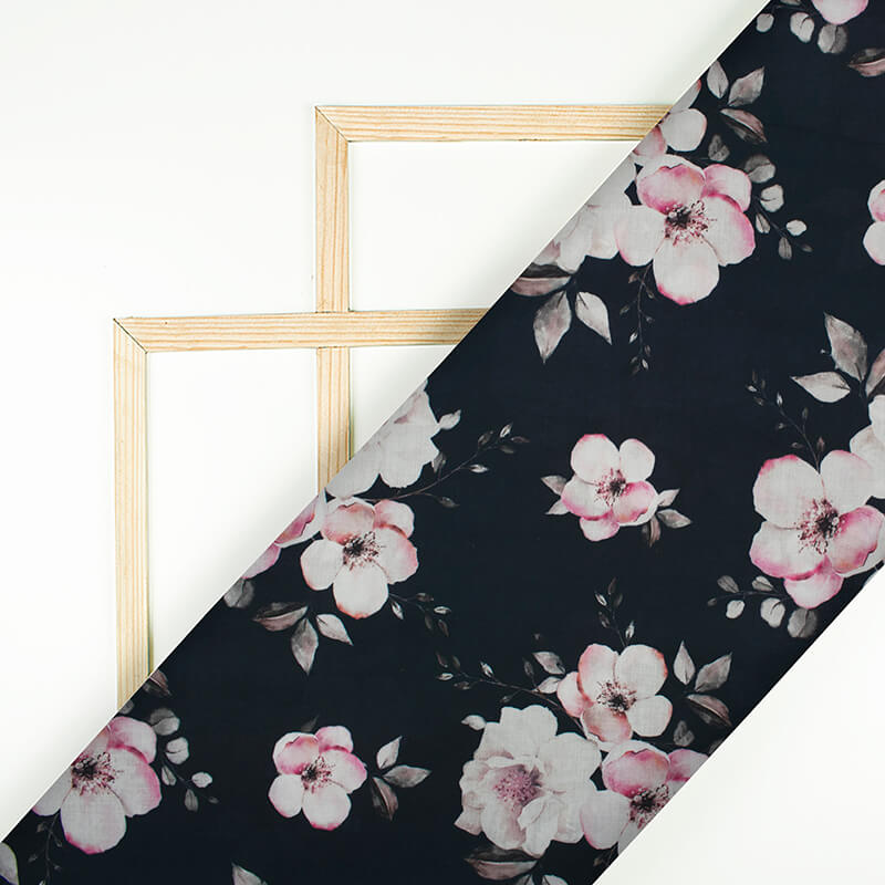 Black And Pink Floral Pattern Digital Print Glazed Cotton Fabric - Fabcurate