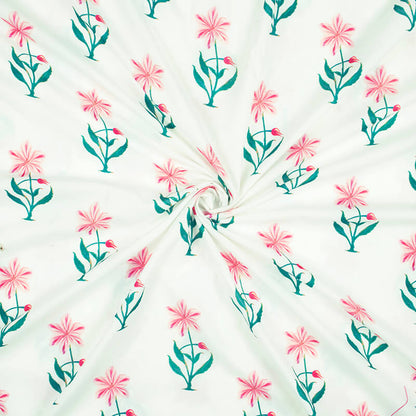 White And Pink Floral Pattern Digital Print Rayon Fabric - Fabcurate