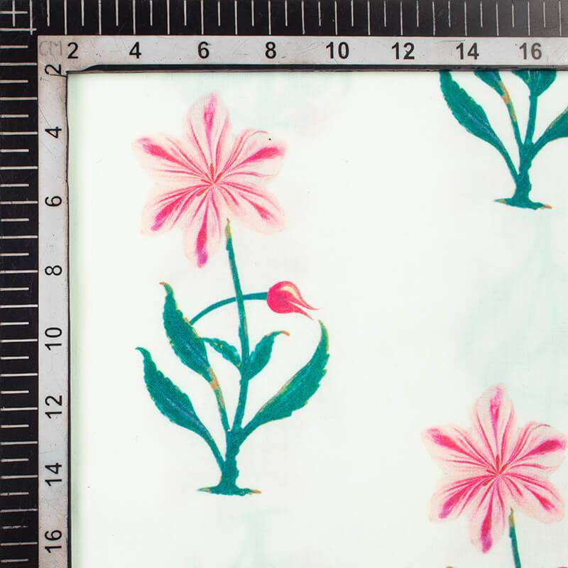 White And Pink Floral Pattern Digital Print Rayon Fabric - Fabcurate