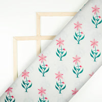 White And Pink Floral Pattern Digital Print Rayon Fabric - Fabcurate
