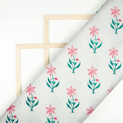White And Pink Floral Pattern Digital Print Rayon Fabric - Fabcurate