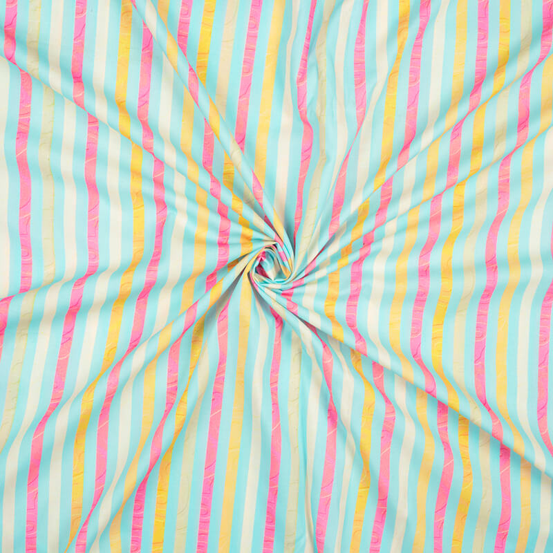 Celeste Blue And Pink Stripes Pattern Digital Print Rayon Fabric - Fabcurate
