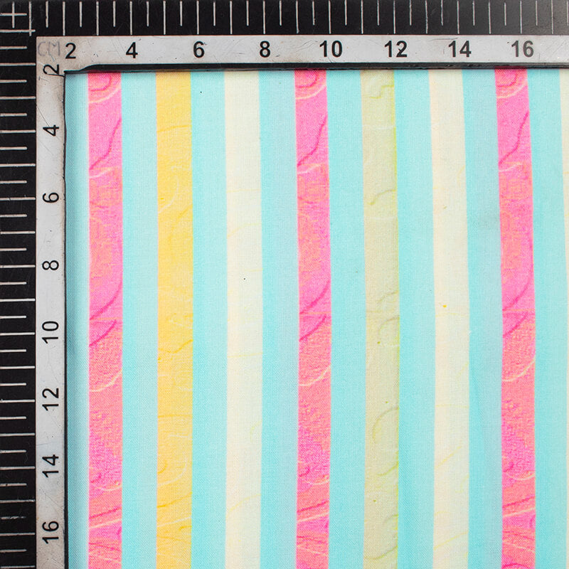 Celeste Blue And Pink Stripes Pattern Digital Print Rayon Fabric - Fabcurate