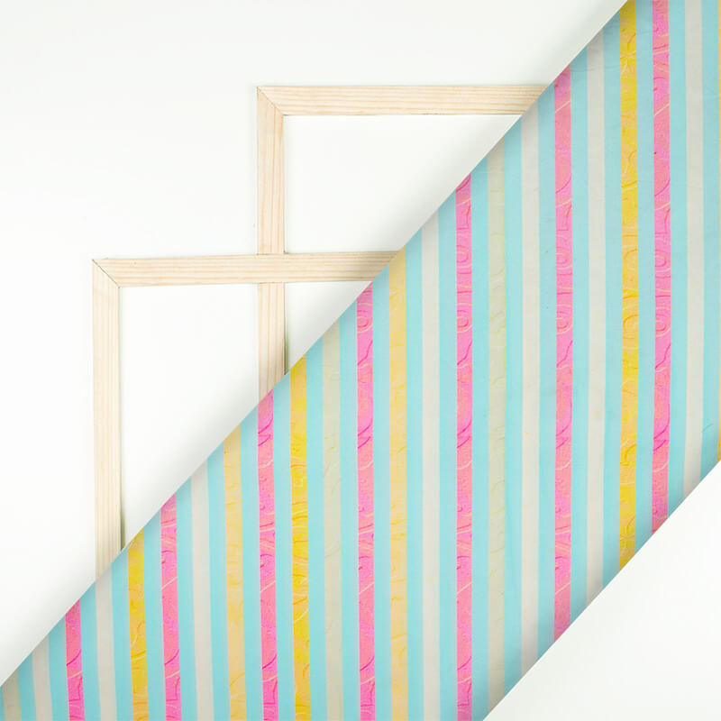 Celeste Blue And Pink Stripes Pattern Digital Print Rayon Fabric - Fabcurate