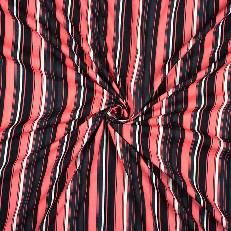 Black And Coral Peach Stripes Pattern Digital Print Rayon Fabric - Fabcurate