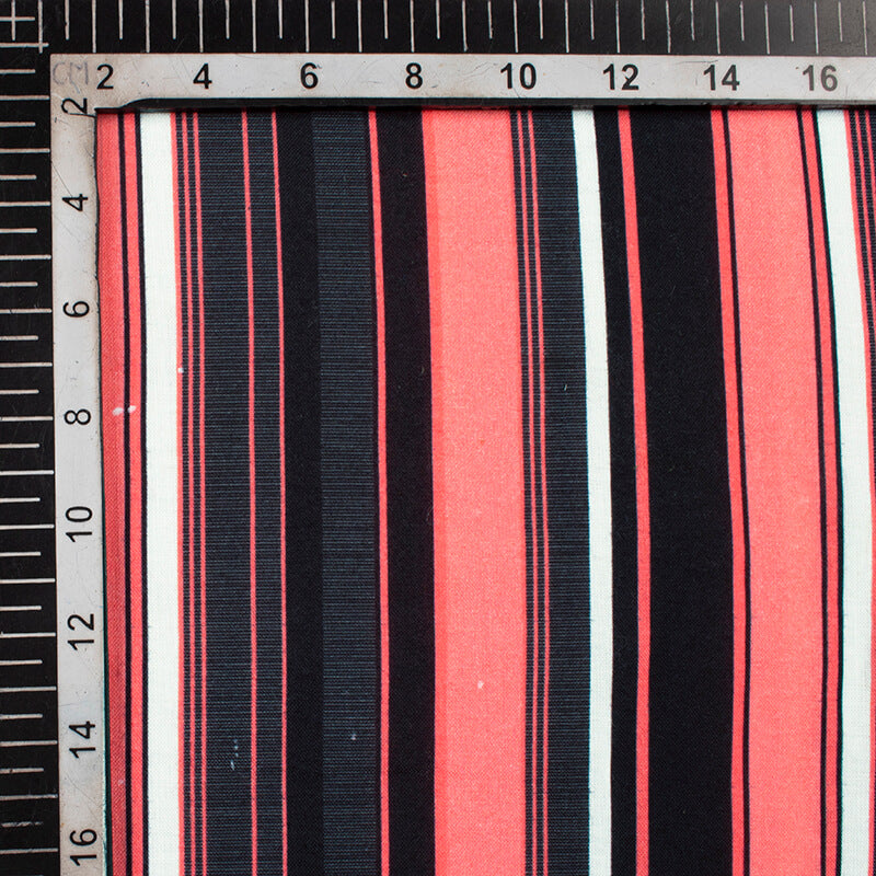 Black And Coral Peach Stripes Pattern Digital Print Rayon Fabric - Fabcurate
