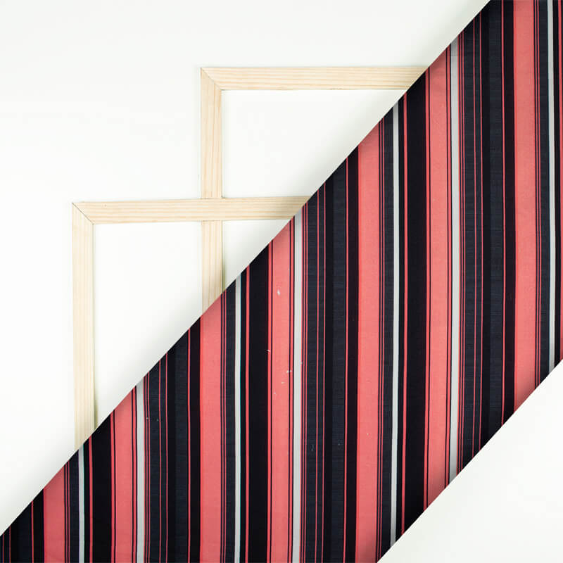 Black And Coral Peach Stripes Pattern Digital Print Rayon Fabric - Fabcurate