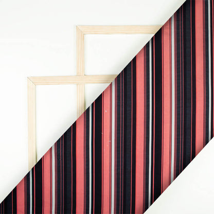 Black And Coral Peach Stripes Pattern Digital Print Rayon Fabric - Fabcurate