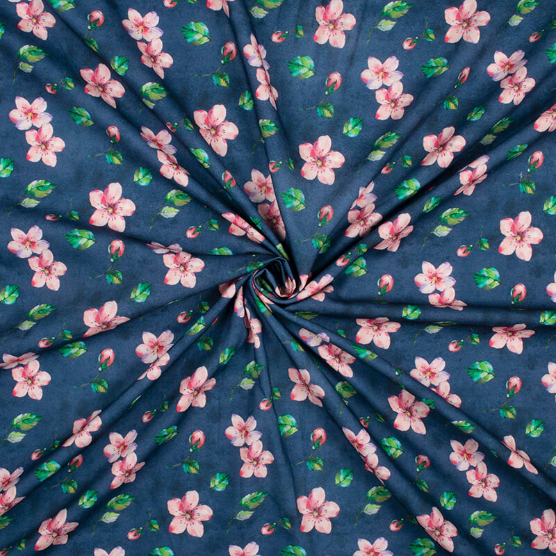 Lapis Blue And Peach Floral Pattern Digital Print Rayon Fabric - Fabcurate