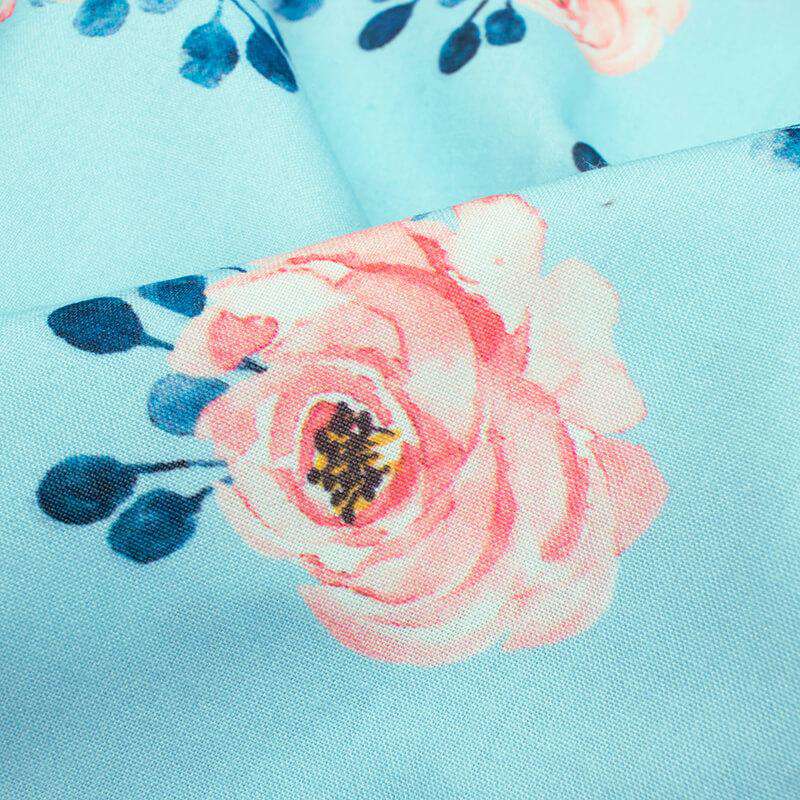 Sky Blue And Peach Floral Pattern Digital Print Rayon Fabric - Fabcurate