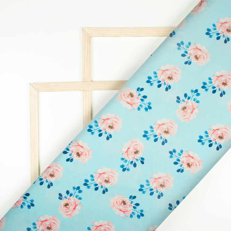 Sky Blue And Peach Floral Pattern Digital Print Rayon Fabric - Fabcurate