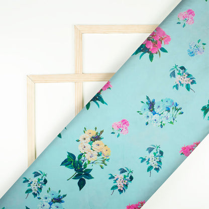 Celeste Blue And Yellow Floral Pattern Digital Print Rayon Fabric - Fabcurate