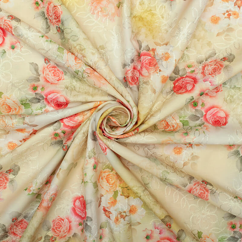 Yellow And Pink Floral Pattern Digital Print Embrodery Muslin Fabric - Fabcurate