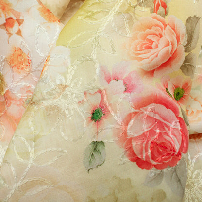 Yellow And Pink Floral Pattern Digital Print Embrodery Muslin Fabric - Fabcurate
