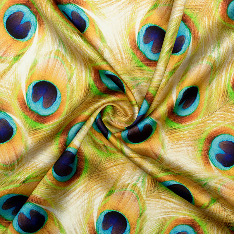 Gold Yellow And Navy Blue Peacock Feather Pattern Digital Print Japan Satin Fabric