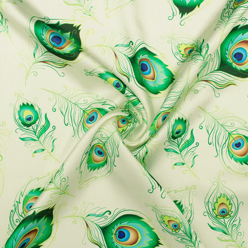 Cream And Green Peacock Feather Pattern Digital Print Japan Satin Fabric