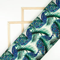Cream And Navy Blue Peacock Pattern Digital Print Japan Satin Fabric