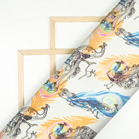 White And Orange Peacock Feather Pattern Digital Print Japan Satin Fabric - Fabcurate