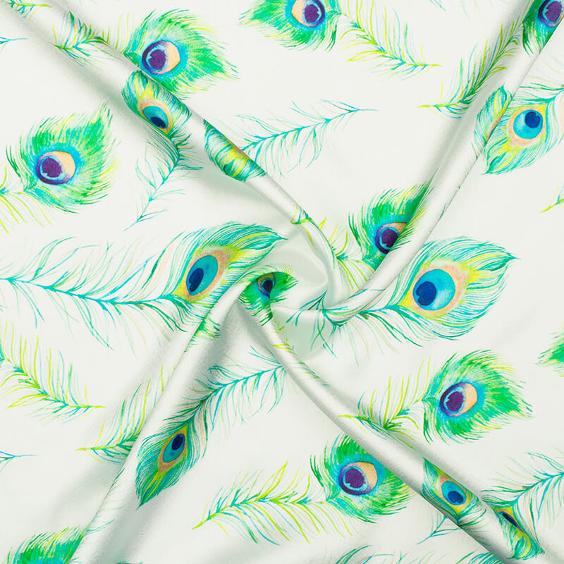 White And Green Peacock Feather Pattern Digital Print Japan Satin Fabric - Fabcurate