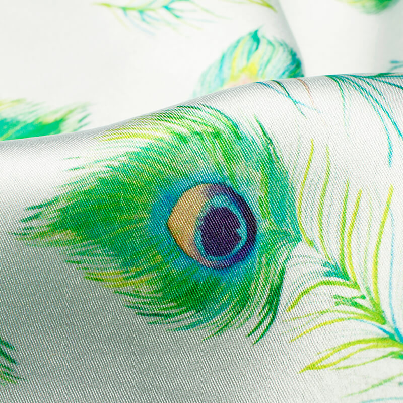 White And Green Peacock Feather Pattern Digital Print Japan Satin Fabric - Fabcurate