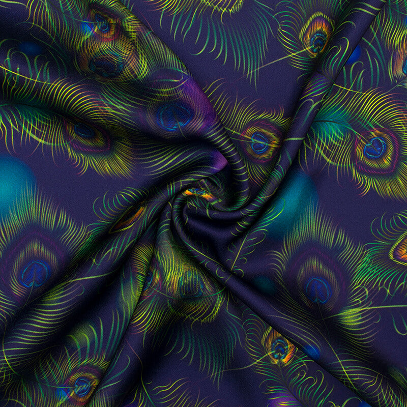 Navy Blue And Liril Green Peacock Feather Pattern Digital Print Japan Satin Fabric - Fabcurate