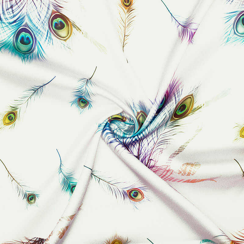 White And Multi-Color Peacock Feather Pattern Digital Print Japan Satin Fabric - Fabcurate