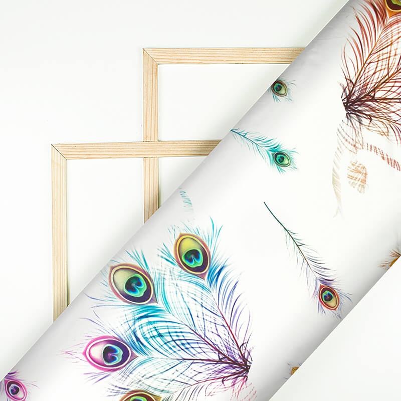 White And Multi-Color Peacock Feather Pattern Digital Print Japan Satin Fabric - Fabcurate