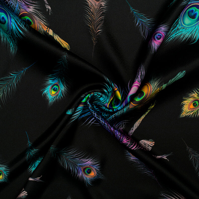 Black And Multi-Color Peacock Feather Pattern Digital Print Japan Satin Fabric - Fabcurate