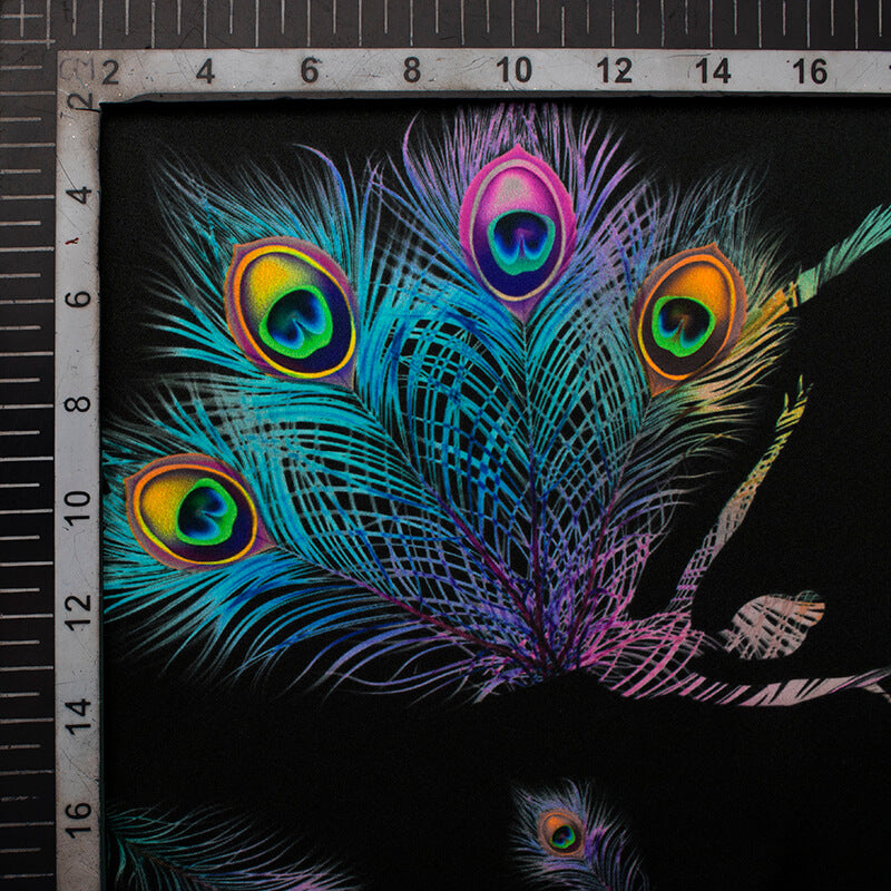 Black And Multi-Color Peacock Feather Pattern Digital Print Japan Satin Fabric - Fabcurate