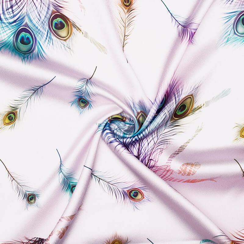 Baby Pink And Multi-Color Peacock Feather Pattern Digital Print Japan Satin Fabric - Fabcurate