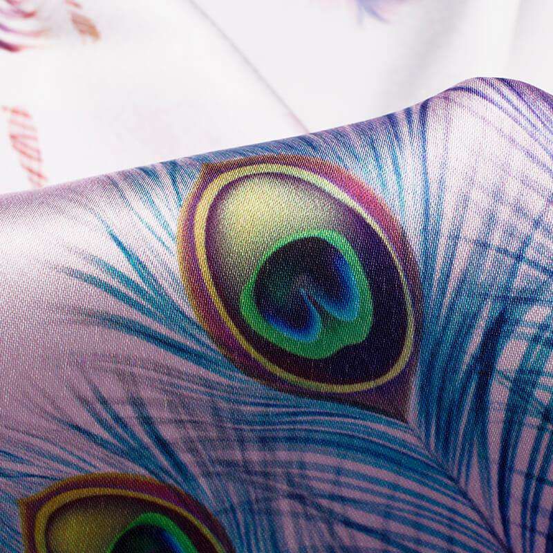 Baby Pink And Multi-Color Peacock Feather Pattern Digital Print Japan Satin Fabric - Fabcurate