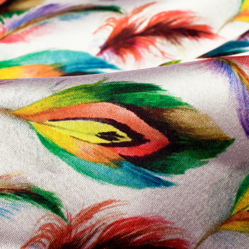 White And Red Peacock Feather Pattern Digital Print Japan Satin Fabric - Fabcurate