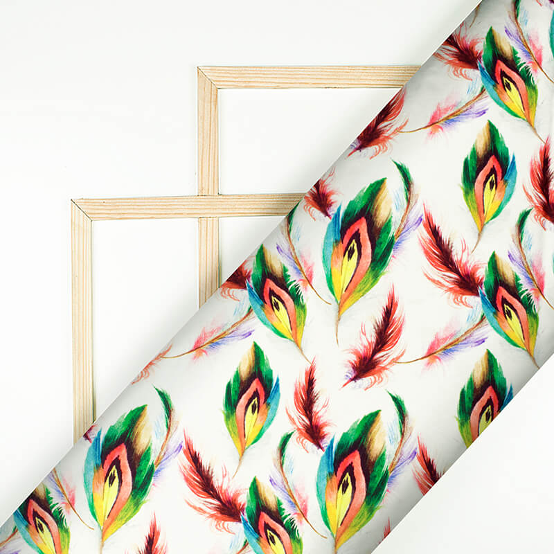 White And Red Peacock Feather Pattern Digital Print Japan Satin Fabric - Fabcurate