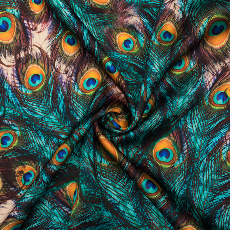 Teal Green And Fire Yellow Peacock Feather Pattern Digital Print Japan Satin Fabric - Fabcurate