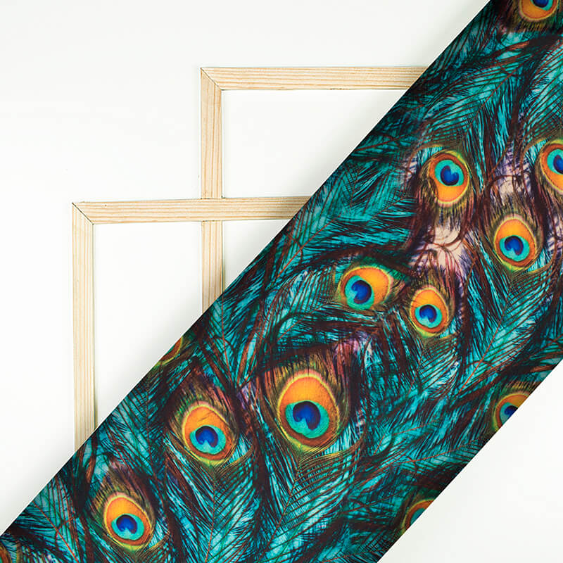 Teal Green And Fire Yellow Peacock Feather Pattern Digital Print Japan Satin Fabric - Fabcurate